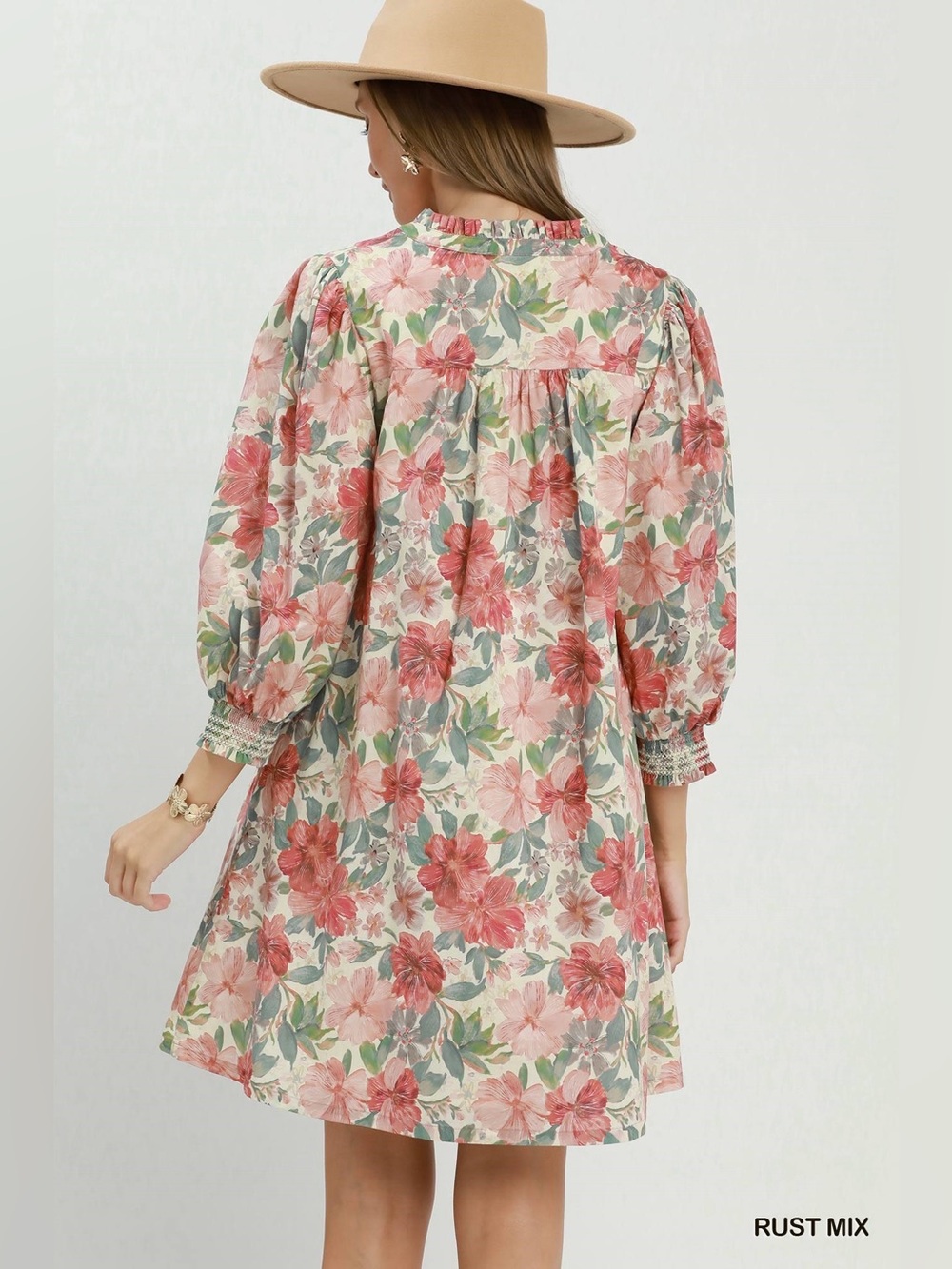 Umgee Mix Floral Print Smocked Cuff Mini Dress - Picture 3 of 7